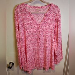 Grand & Greene Women's Pink & White Geometric Print Rayon Popover Top 3X Casual